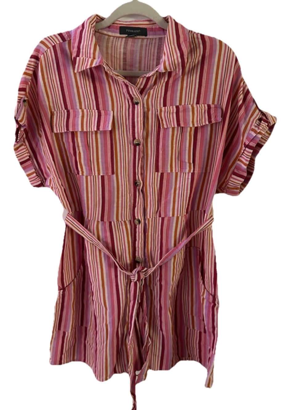Primary Pink Striped Linen Blend Shorts Button Up Romper Tie Belt Women’s Sz 12